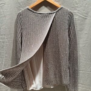 White House Black Market Sequin Knit Sweater | Split Back Chiffon Panel